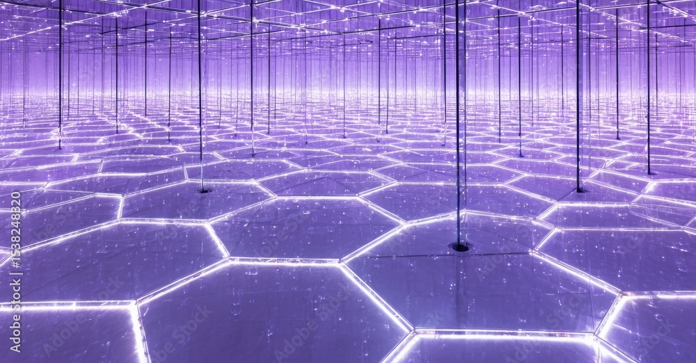 Aufkleber Infinite mirrored room. Hexagonal floor glows purple. Vertical lines create illusion, depth extends endlessly. Mysterious, captivating space.