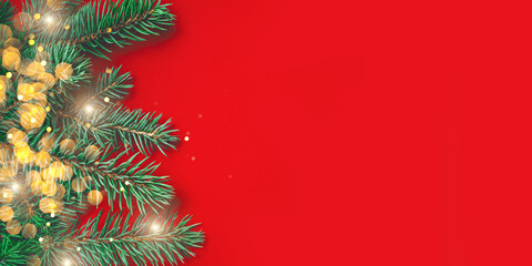 Fir branches on red background. Christmas wallpaper. Flat lay, copy space.