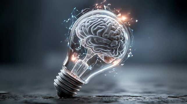 Slow-motion loop animation of a glowing human brain enclosed inside a transparent vintage-style lightbulb lying sideways on a dark surface ideal for innovation, thinking and creative concept visuals
