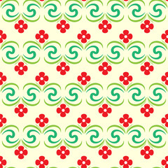 Abstract pattern with red flowers and green wave ine