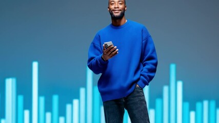 Smiling man using smartphone near glowing bar graph background - Powered by Adobe