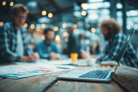 Coworkers work creative studio.Producers meeting,working new project.Young business crew with startup.Laptop computer on wood table,creative idea presentation.Blurred,film effect.Horizontal.