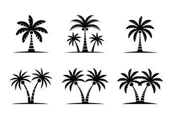 Collection of elegant black palm tree silhouettes ideal for tropical designs summer branding vacation themes and beach illustrations