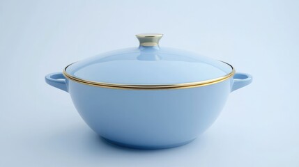Pale blue ceramic casserole dish with lid and gold trim, two handles, against a light blue background