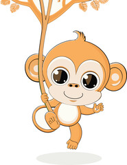 Fototapeta premium Cute cartoon monkey swinging from a tree branch on a white background