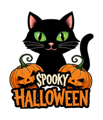 Flanking the cat are two traditional orange jack-o'-lanterns with carved faces, perfectly embodying the spirit of Halloween festivities.