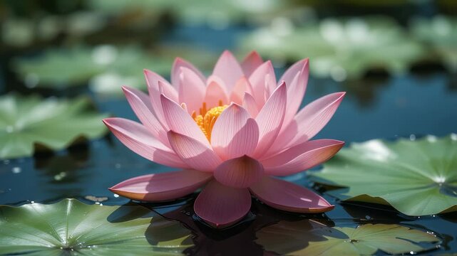 Elegant pink lotus water lily flower blossoms in tranquil pond reflection video