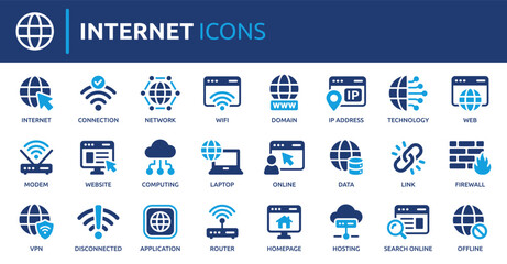 Naklejka na ściany i meble Internet icon set. Containing website, link, data, web, online, domain, technology, modem, VPN, hosting, connection and more. Solid vector icons collection.