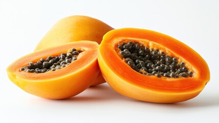 Fresh papaya halves, vibrant orange and yellow flesh, with dark seeds