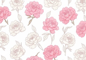 Pink and white peonies seamless pattern on a white background, floral design