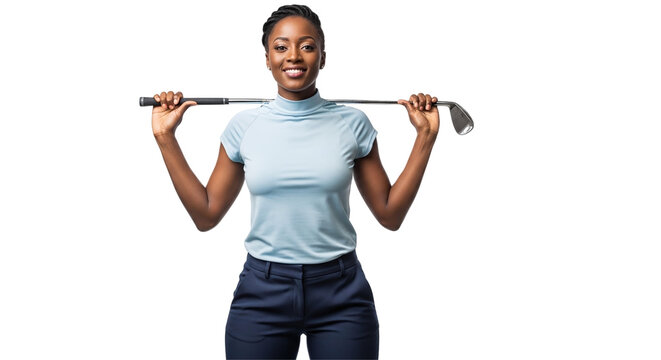 Smiling Young Black Woman Golfer Holding Golf Club on Shoulders Isolated on White. Confident Female Athlete, Sport Portrait.