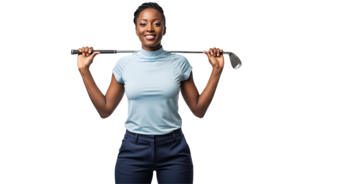 Smiling Young Black Woman Golfer Holding Golf Club on Shoulders Isolated on White. Confident Female Athlete, Sport Portrait. - Powered by Adobe