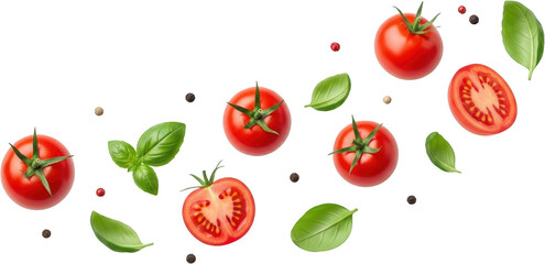Fresh Red Tomatoes Basil Leaves and Peppercorns Isolated Ingredients Food