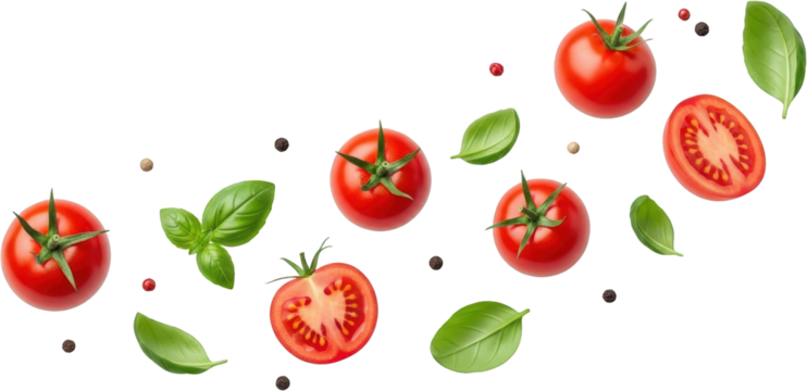 Fresh Red Tomatoes Basil Leaves and Peppercorns Isolated Ingredients Food