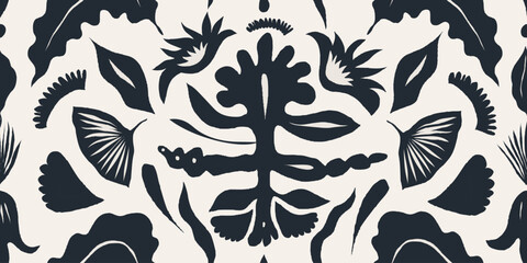 Ethnic ornament. Hand drawn collage black and white abstract flowers and shapes pattern. Fashionable template for design. 