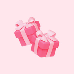 3d render of two simple kawaii pink gift boxes wrapped with bow, ribbon for cozy Valentine's Day celebration floating in air. Colorful presents for anniversary, birthday women's day, pastel background