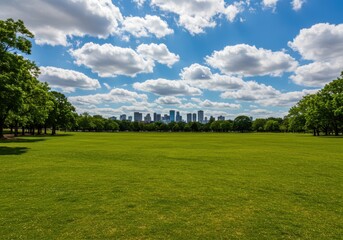 Green lawn and cityscape under a cloudy blue sky on a sunny day