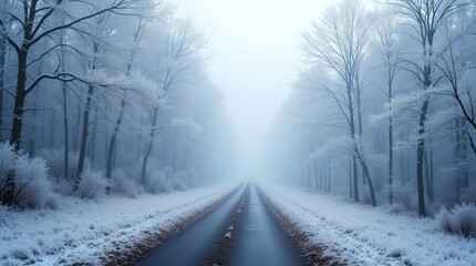 Fototapeta premium Ethereal Winter Road: Misty Forest Path, Frost Covered Trees, Cold Landscape, Serene Atmosphere, Snowy Nature, Winter Scenery, Travel Destination, Atmospheric Scene