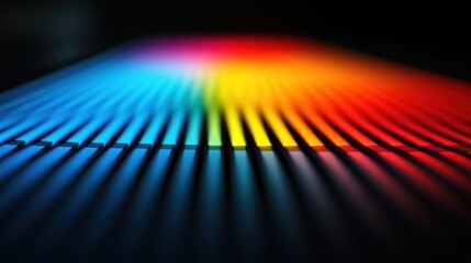 Bright colored beams aligned in rows, transitioning through the spectrum on dark surface