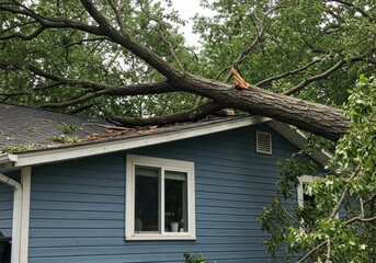 Fallen tree branch resting on a blue house roof after a storm