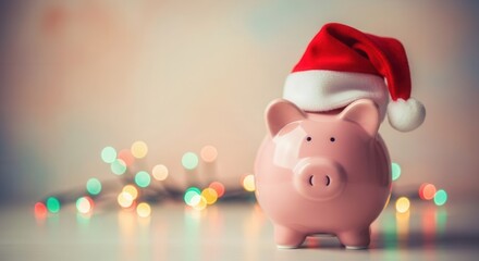 Piggy bank wearing santa hat with holiday lights in background