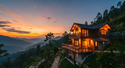 Fototapeta premium Mountainside Log Cabin Dream Home in the Twilight