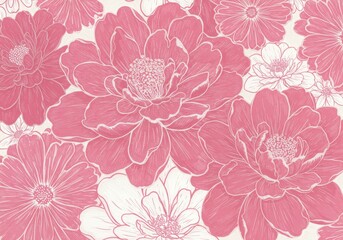 Pink floral pattern with white background and outlines of flowers