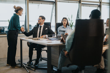 A group of multiracial business people engaging in a productive meeting in a modern office setting. The atmosphere is collaborative and professional, illustrating teamwork and communication among