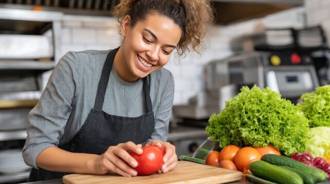 Woman preparing fresh vegetables in a modern kitchen with a cheerful expression