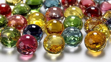 Colorful glass marbles scattered on a reflective surface with vibrant hues and shiny textures