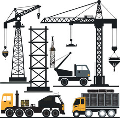This collection of image display various illustration of tower cranes, showcasing their large scale and mechanical components.