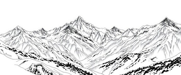 Elegant black & white mountain range line art Ideal for luxury branding, invitations, and print,  hills,  luxury