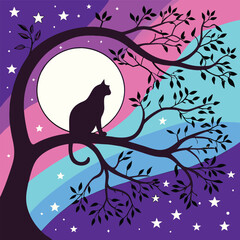 cat silhouette on tree branch with moon and stars
