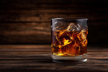 Whiskey served over ice in clear glass, showcasing amber tones. Rustic wooden table setting creates warm and inviting atmosphere. Concept of bars, breweries, distilleries