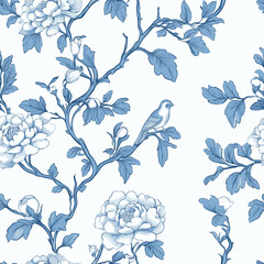 Floral Blue Chinoiserie. Toile De Jouy Vintage Seamless Pattern Elegant Vector Graphics. Featuring delicate florals, graceful birds, and romantic motifs, this seamless pattern is crafted to perfection