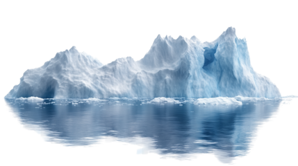 Iceberg, blue ice mountain with white snow and deep crevasses, steep terrain of ice, glacier landscape, blue ice mountain covered in snow, on a transparent backgrounds