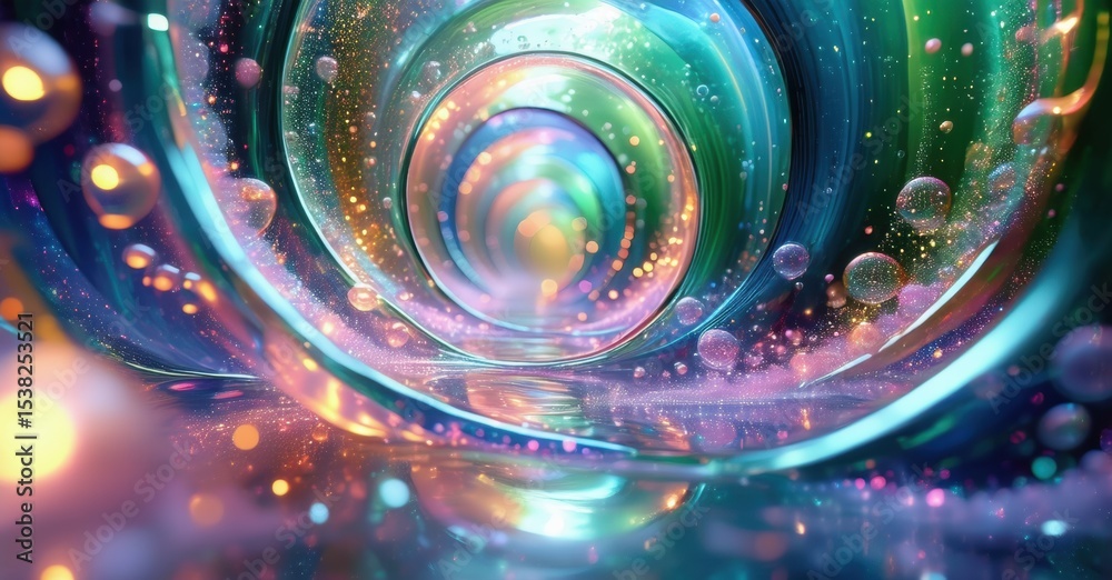 Poster abstract swirls, vibrant colors, luminous bubbles create mesmerizing tunnel effect. light radiates f