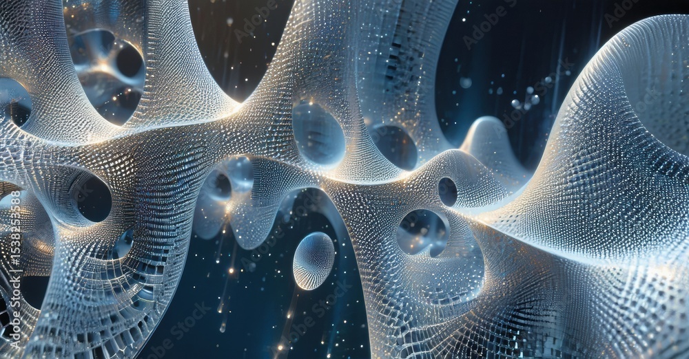 Poster abstract network, flowing shapes, glowing particles. complex structure suggests digital origin, futu