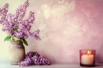 Fototapeta premium Lilac branch in white vase with burning candle on the left, pink vintage wall background, minimal composition with copy space on the right. Soft lighting, spring mood, floral decor.