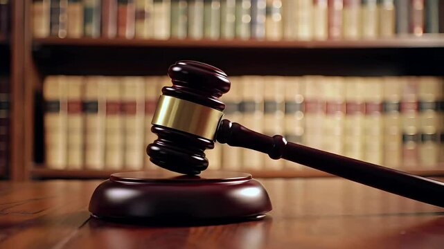 Wooden gavel lying on sound block near law book shelves, symbolizing judicial authority and legal process in professional courtroom setting