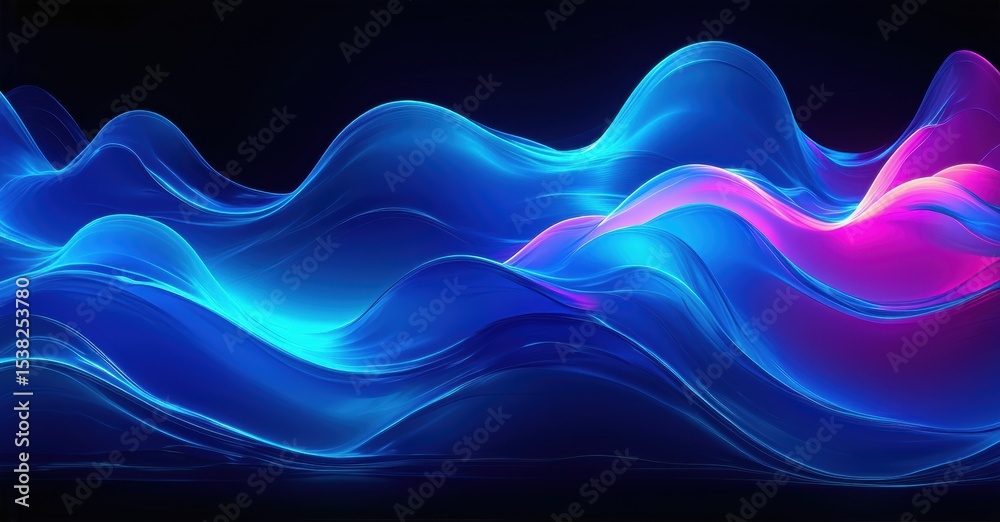 Poster abstract waves, vibrant blue, pink hues. smooth curves create dynamic, flowing pattern against dark 