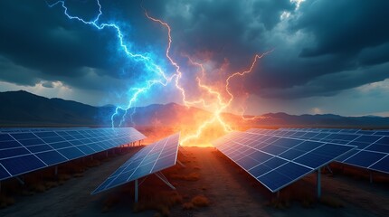 Solar Farm Lightning Storm: Dramatic renewable energy landscape, featuring intense blue and orange lightning strikes illuminating solar panels under stormy clouds.
