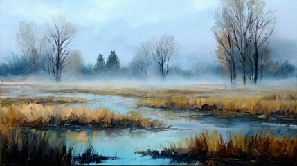 Obraz premium Mysterious foggy meadow landscape in atmospheric oil painting with expressive brushstrokes capturing early morning calm and nature tranquility in moody light
