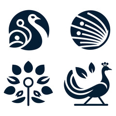Collection of dark blue logos featuring stylized peacock designs with circular linear and leafshaped elements