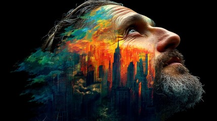 Artistic portrait of a man with a cityscape and colorful abstract overlay on his face