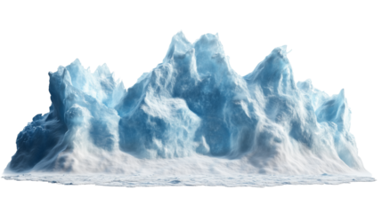 Iceberg, blue ice mountain with white snow and deep crevasses, steep terrain of ice, glacier landscape, blue ice mountain covered in snow, on a transparent backgrounds