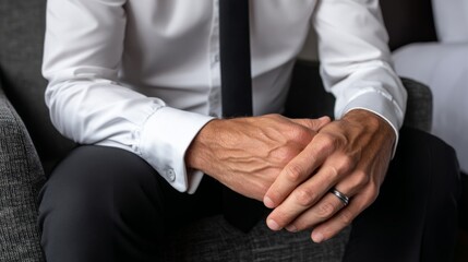 Obraz premium Close-up of a man in formal attire with hands clasped, conveying professionalism and confidence