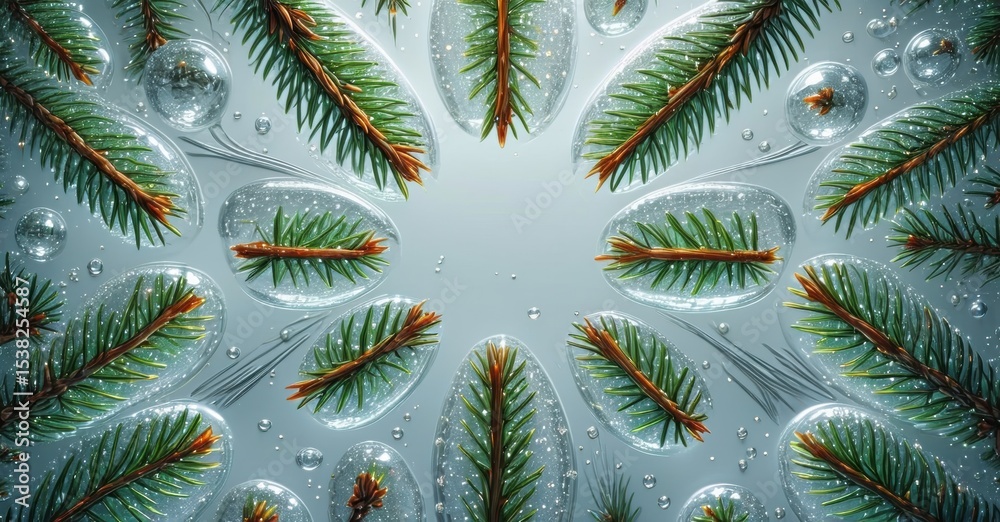 Poster evergreen branches surround water droplets. circular composition creates symmetrical, refreshing vis
