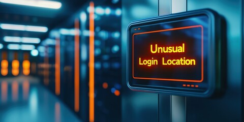 A digital alert on a server rack displays "Unusual Login Location," highlighting cybersecurity issues in a modern data center environment.