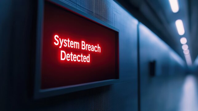 A digital screen displays a red warning message 'System Breach Detected' in a dimly lit corridor, indicating a cybersecurity threat such as a data breach or phishing attack. - Powered by Adobe